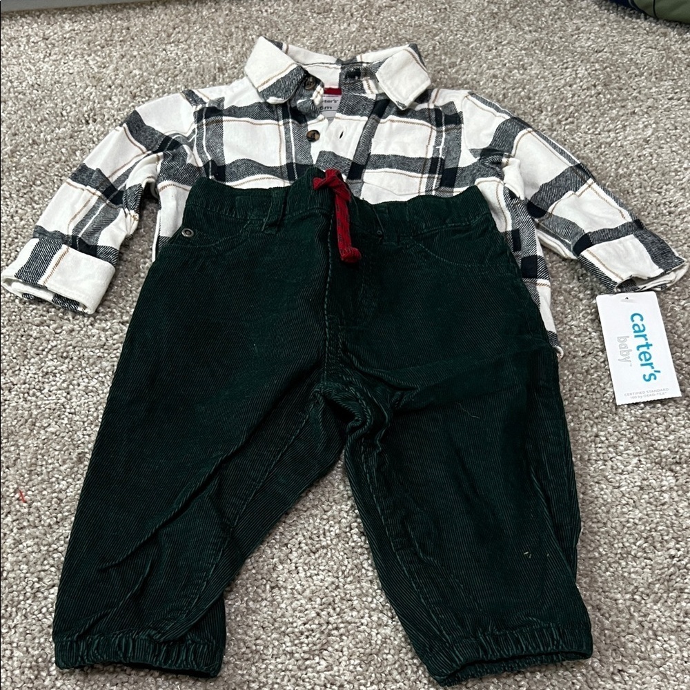 Carter's Hunter Green and White Plaid Shirt with corduroy joggers